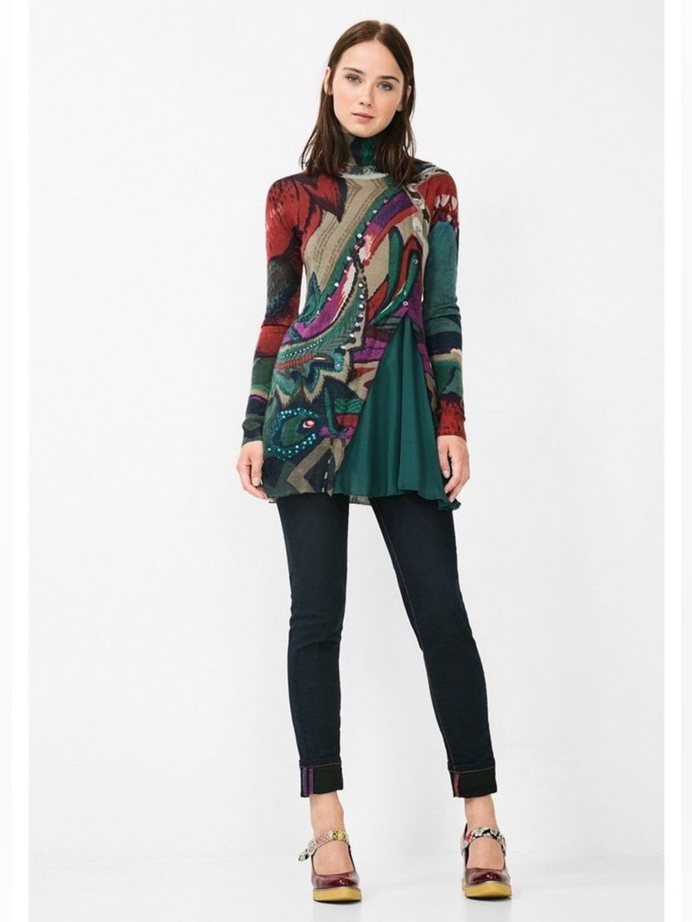 Desigual multicolored abstract-print turtleneck tunic Lightweight Sweater Large